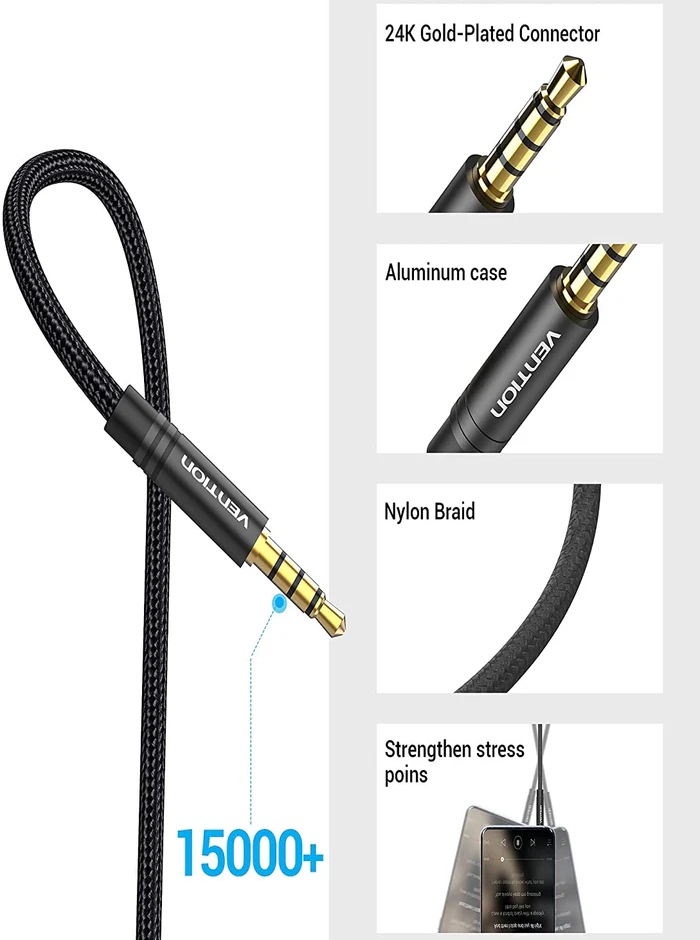 Кабель AUX Audio TRS M/F 5.0м Gold-Plated, нейлонове обплетення, Vention (BHBBJ) Чорний на малюнкі №3