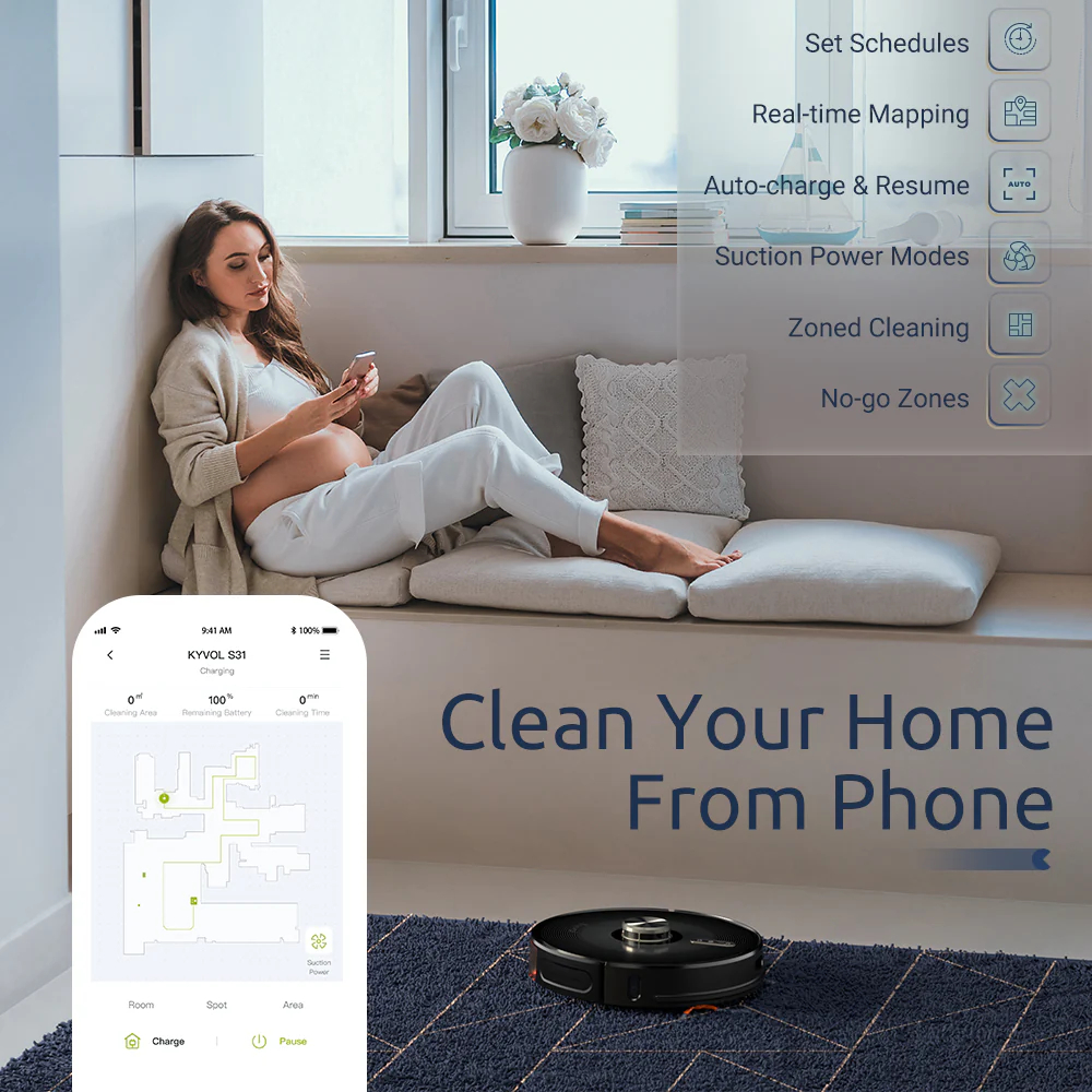 Робот пилосос Kyvol Cybovac S31 Lidar/110ml+500ml/5200 mA/3000 pa/Google Assistant,Amazon Alexa (Kyvol S31) Чорний на малюнкі №12