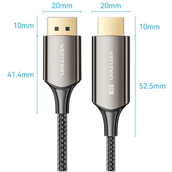 Кабель DisplayPort M - HDMI M V1.4, 1.8м, 8K 60hz,Dynamic HDR, нейлонове обплетення, чорний, Vention (HFPBAC) на малюнкі №2