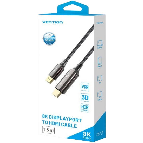 Кабель DisplayPort M - HDMI M V1.4, 1.8м, 8K 60hz,Dynamic HDR, нейлонове обплетення, чорний, Vention (HFPBAC) на малюнкі №3