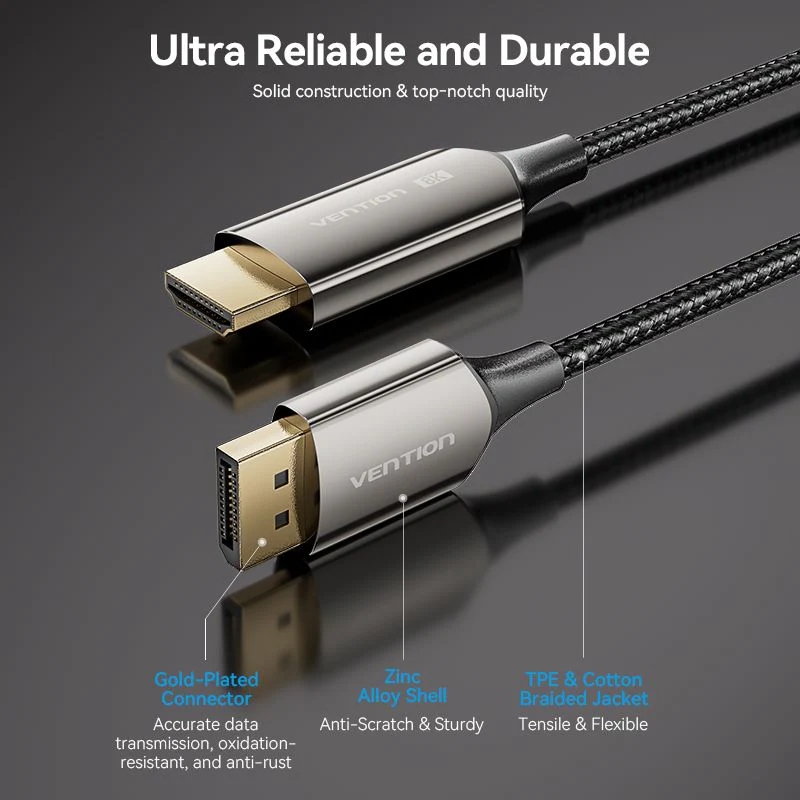 Кабель DisplayPort M - HDMI M V1.4, 1.8м, 8K 60hz,Dynamic HDR, нейлонове обплетення, чорний, Vention (HFPBAC) на малюнкі №6