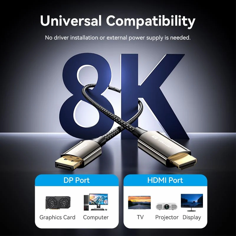 Кабель DisplayPort M - HDMI M V1.4, 1.8м, 8K 60hz,Dynamic HDR, нейлонове обплетення, чорний, Vention (HFPBAC) на малюнкі №8