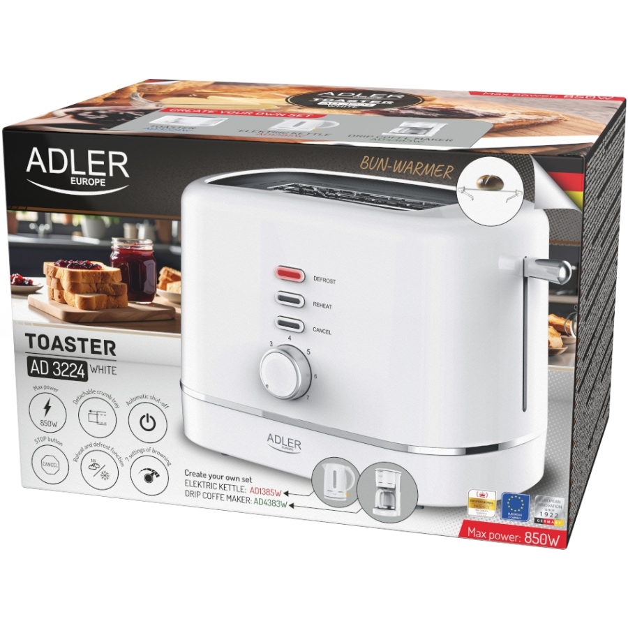 Тостер Adler AD 3224 white 850Вт/ 2 відділення/7 режимів підсмажування/розморожування/підігрів булок (AD3224W) Білий на малюнкі №7