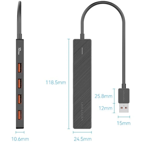 Хаб USB 3.0 - 4xUSB 3.2 Gen2, 0.15м, USB-C 10Gbps 0.15m, чорний Vention (CHOBB) на малюнкі №2