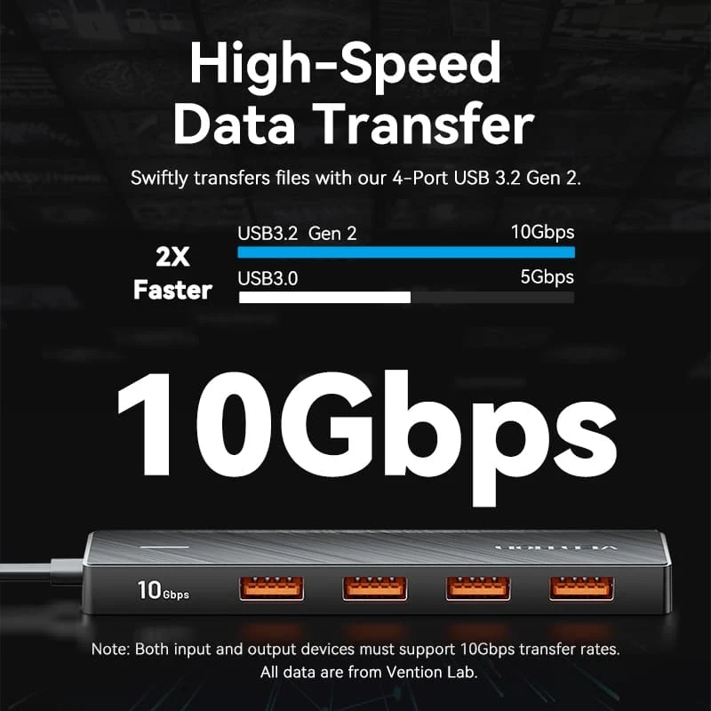 Хаб USB 3.0 - 4xUSB 3.2 Gen2, 0.15м, USB-C 10Gbps 0.15m, чорний Vention (CHOBB) на малюнкі №5