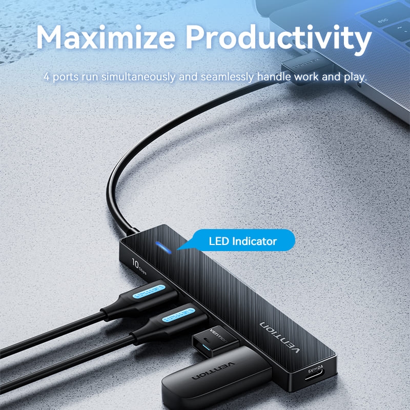 Хаб USB 3.0 - 4xUSB 3.2 Gen2, 0.15м, USB-C 10Gbps 0.15m, чорний Vention (CHOBB) на малюнкі №6