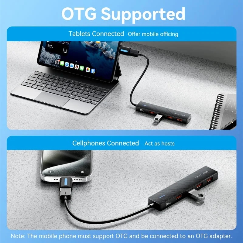 Хаб USB 3.0 - 4xUSB 3.2 Gen2, 0.15м, USB-C 10Gbps 0.15m, чорний Vention (CHOBB) на малюнкі №7