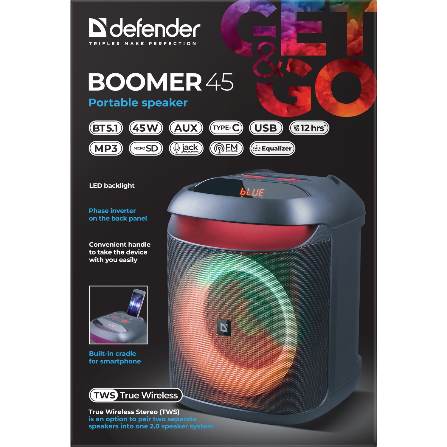 Акустична система 1.0 Defender Boomer 45, 45W, Bluetooth/LED/MIC/TWS/Light/FM чорна (65245) Чорний на малюнкі №8