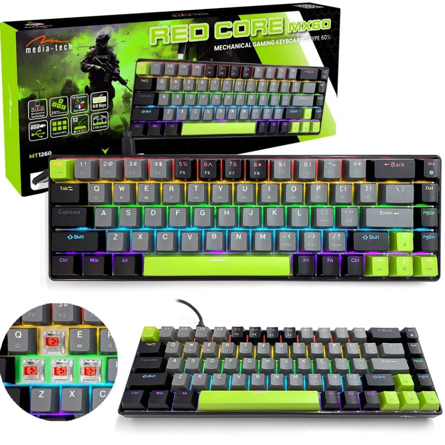 Клавіатура ігрова механічна Media-Tech RED CORE MX60, Anti-Ghosting, 68кл, PC/Mac (MT1260) Чорний на малюнкі №7