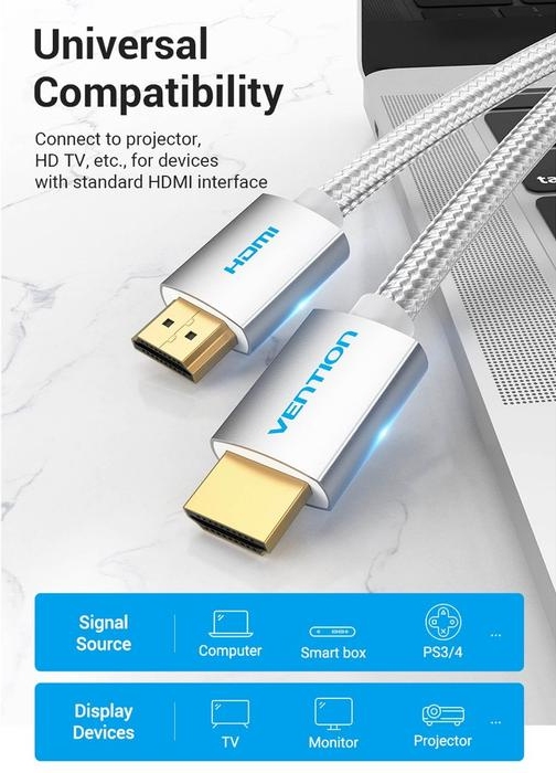Кабель HDMI M - M, 8.0м, V2.0, 4K 60Гц, обплетення, Silver Metal Type Vention (AABIK) на малюнкі №6