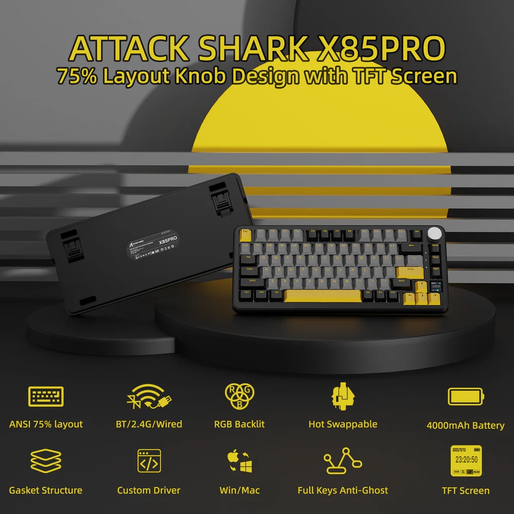 Клавіатура ігрова механічна Attack Shark X85PRO 82кл. RGB, Wireless, Star Black (X85PROSB_AS) Чорний на малюнкі №2