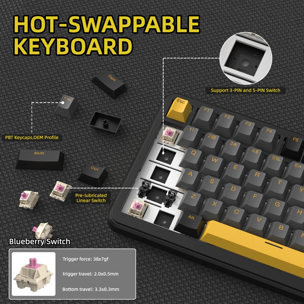 Клавіатура ігрова механічна Attack Shark X85PRO 82кл. RGB, Wireless, Star Black (X85PROSB_AS) Чорний на малюнкі №6