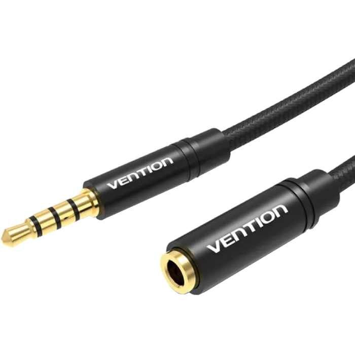 Кабель AUX Audio TRS M/F 1.0м Gold-Plated, нейлонове обплетення, чорний, Vention (BHBBF) Чорний на малюнкі №1