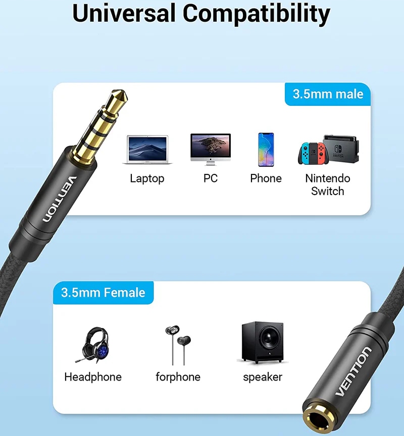 Кабель AUX Audio TRS M/F 1.0м Gold-Plated, нейлонове обплетення, чорний, Vention (BHBBF) Чорний на малюнкі №2
