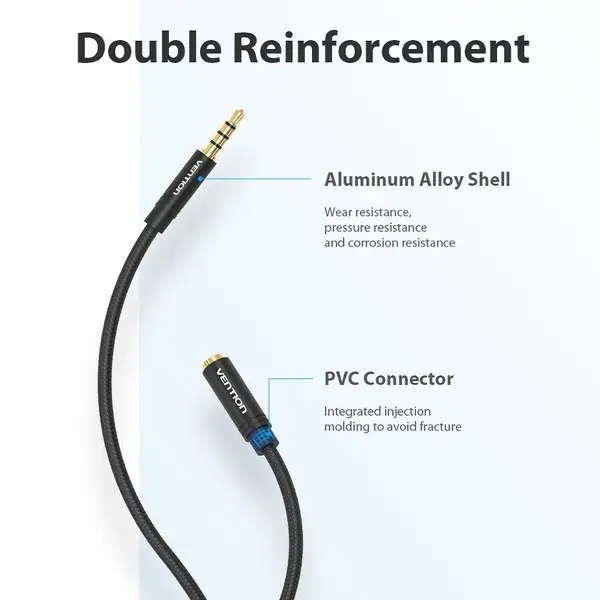 Кабель AUX Audio TRS M/F 1.0м Gold-Plated, нейлонове обплетення, чорний, Vention (BHBBF) Чорний на малюнкі №5