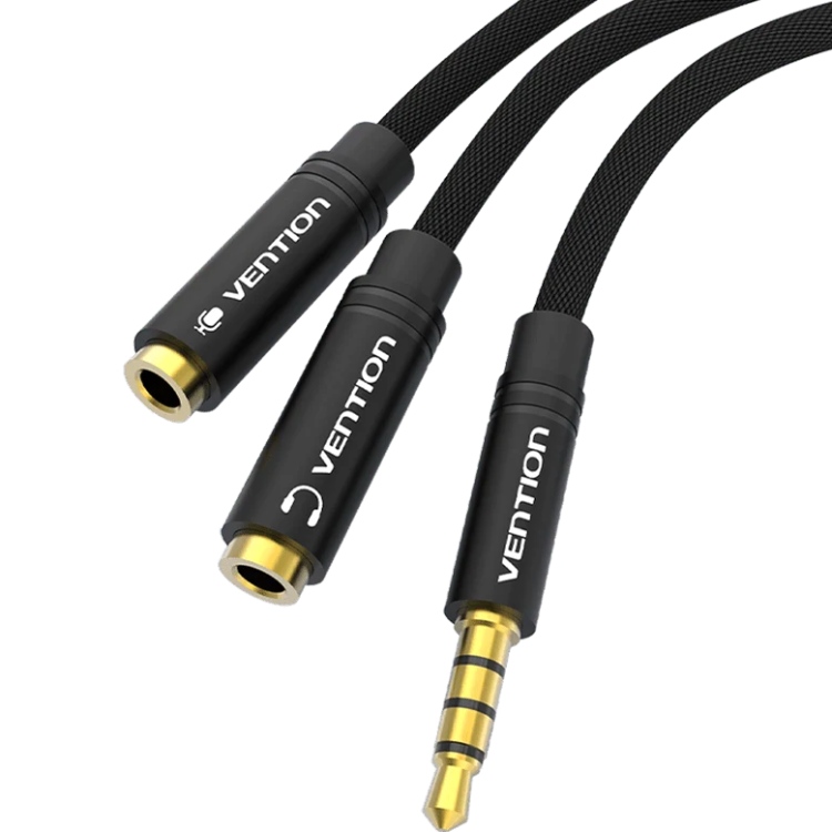 Перехідник Audio Jack TRS M - 2xF, 1.0м, Cotton braided, чорний, Vention (BBMBY) Чорний на малюнкі №1