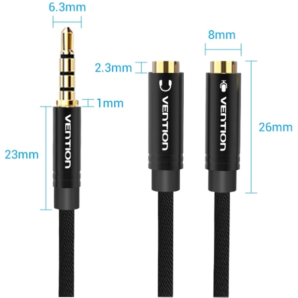 Перехідник Audio Jack TRS M - 2xF, 1.0м, Cotton braided, чорний, Vention (BBMBY) Чорний на малюнкі №2