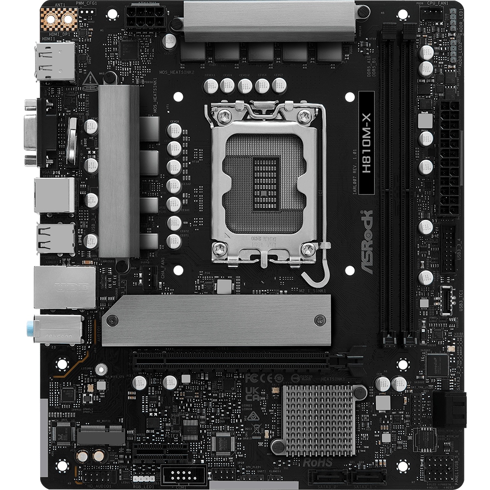 AsRock (1851/H810, 2*DDR5, PCIex16, HDMI/DP/VGA, 4xSATA, M.2, 2.5Glan, 7.1ch, mATX) (H810M-X) на малюнкі №1