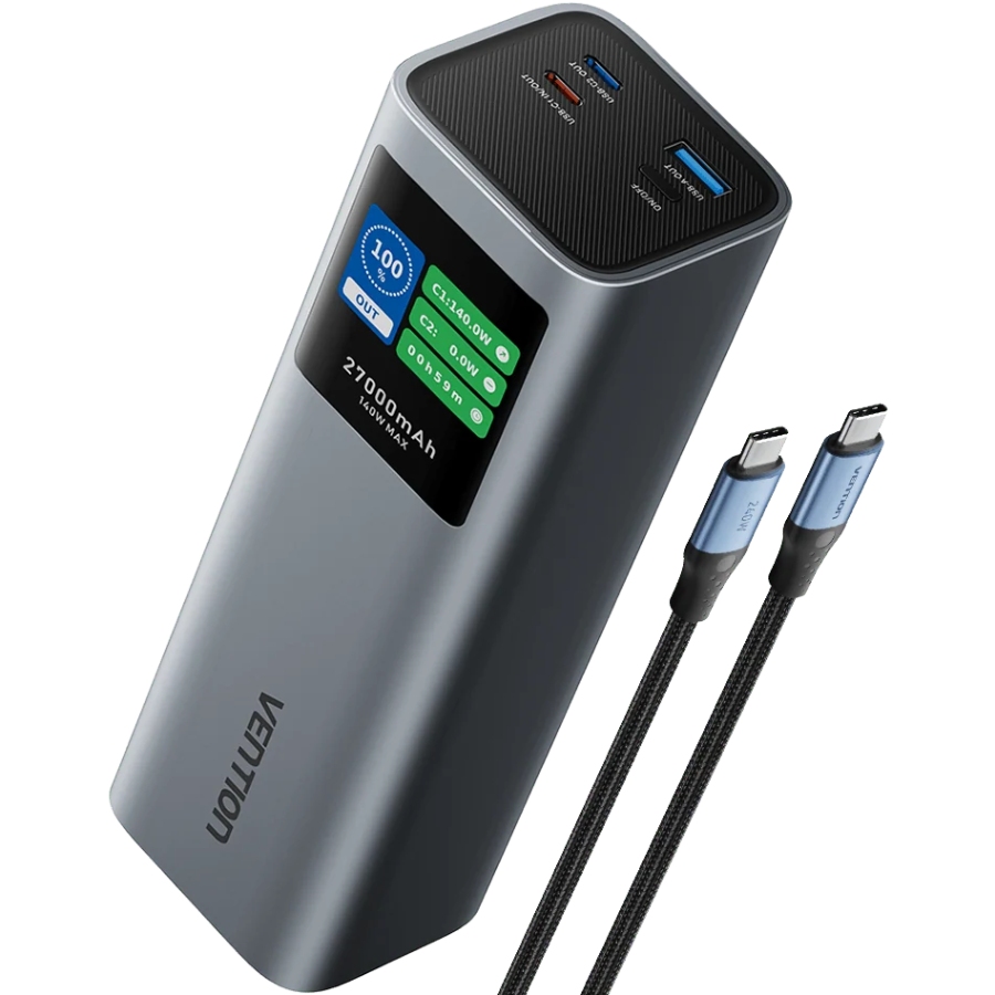 УМБ Vention 27000mAh 140W PD3.1, USB-A, 2xUSB-C, LED Display, Gray (FKEH0) на малюнкі №2