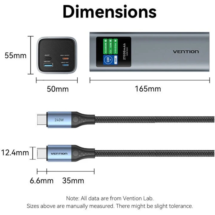 УМБ Vention 27000mAh 140W PD3.1, USB-A, 2xUSB-C, LED Display, Gray (FKEH0) на малюнкі №3