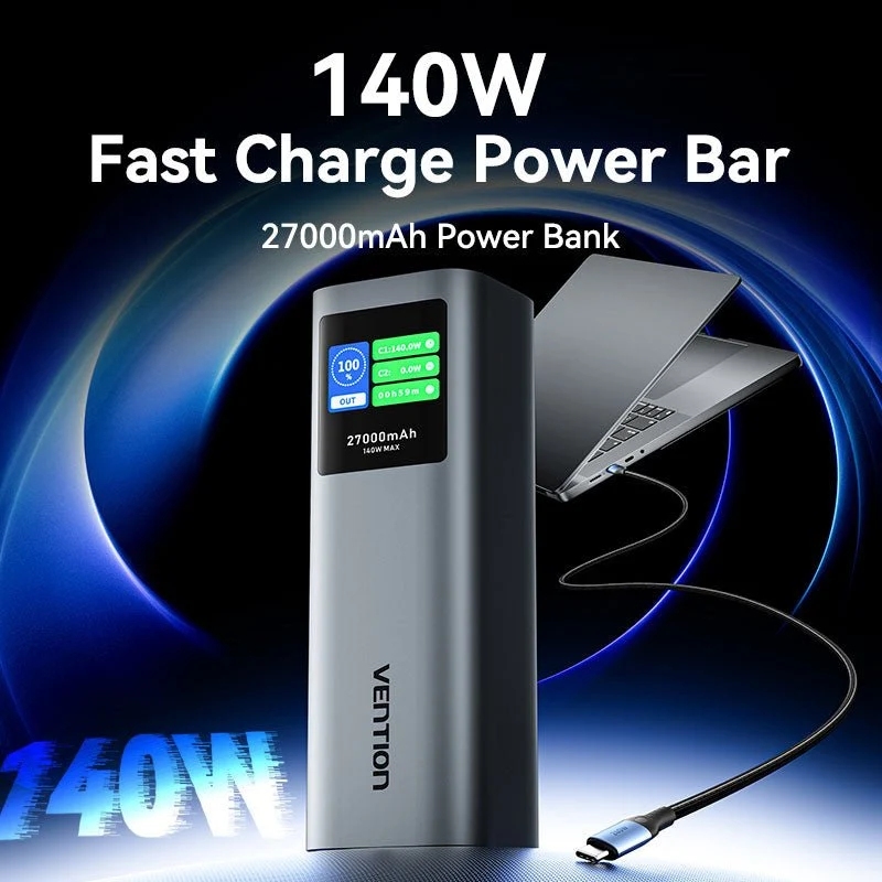 УМБ Vention 27000mAh 140W PD3.1, USB-A, 2xUSB-C, LED Display, Gray (FKEH0) на малюнкі №5