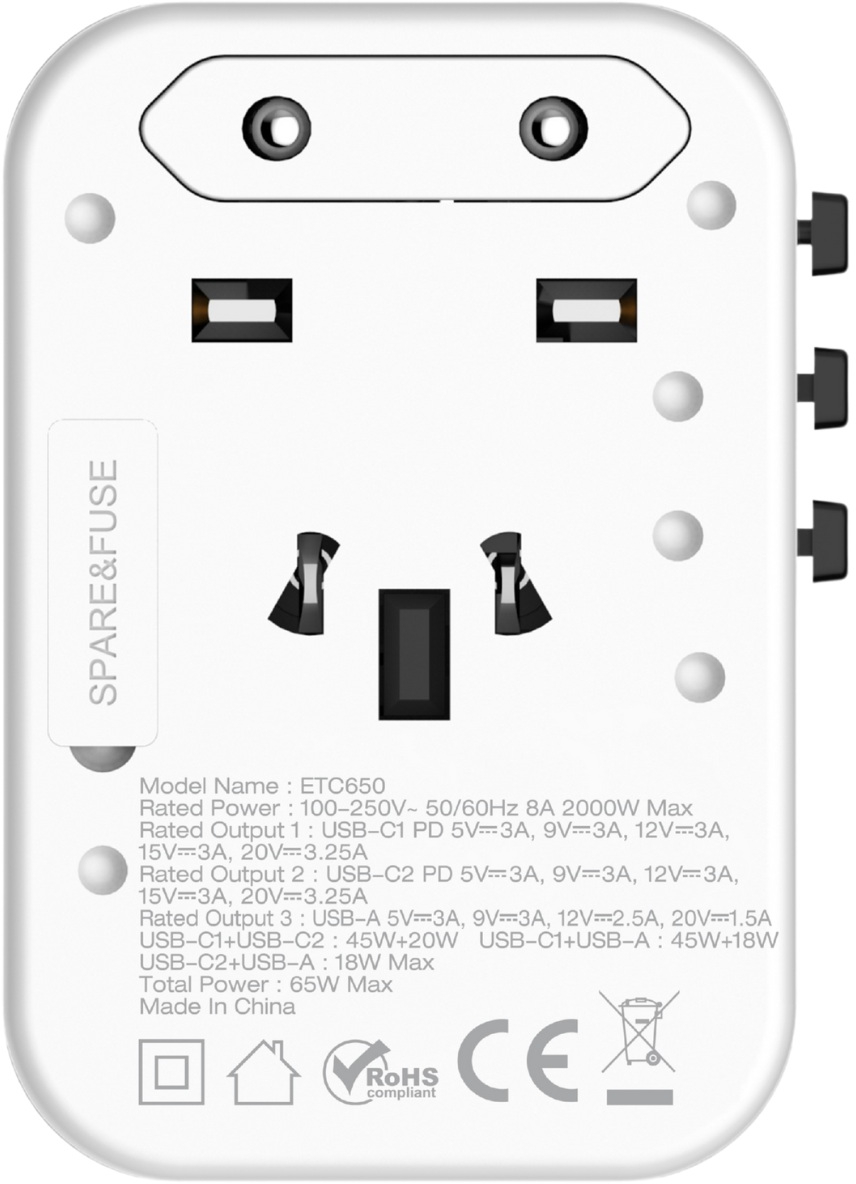 Зарядний пристрій 3xUSB 65W GaN (2хUSB-C+USB-A) PD3.0/QC3.0, universal plugs US/EU/AU/UK Energizer (ETC650) на малюнкі №4