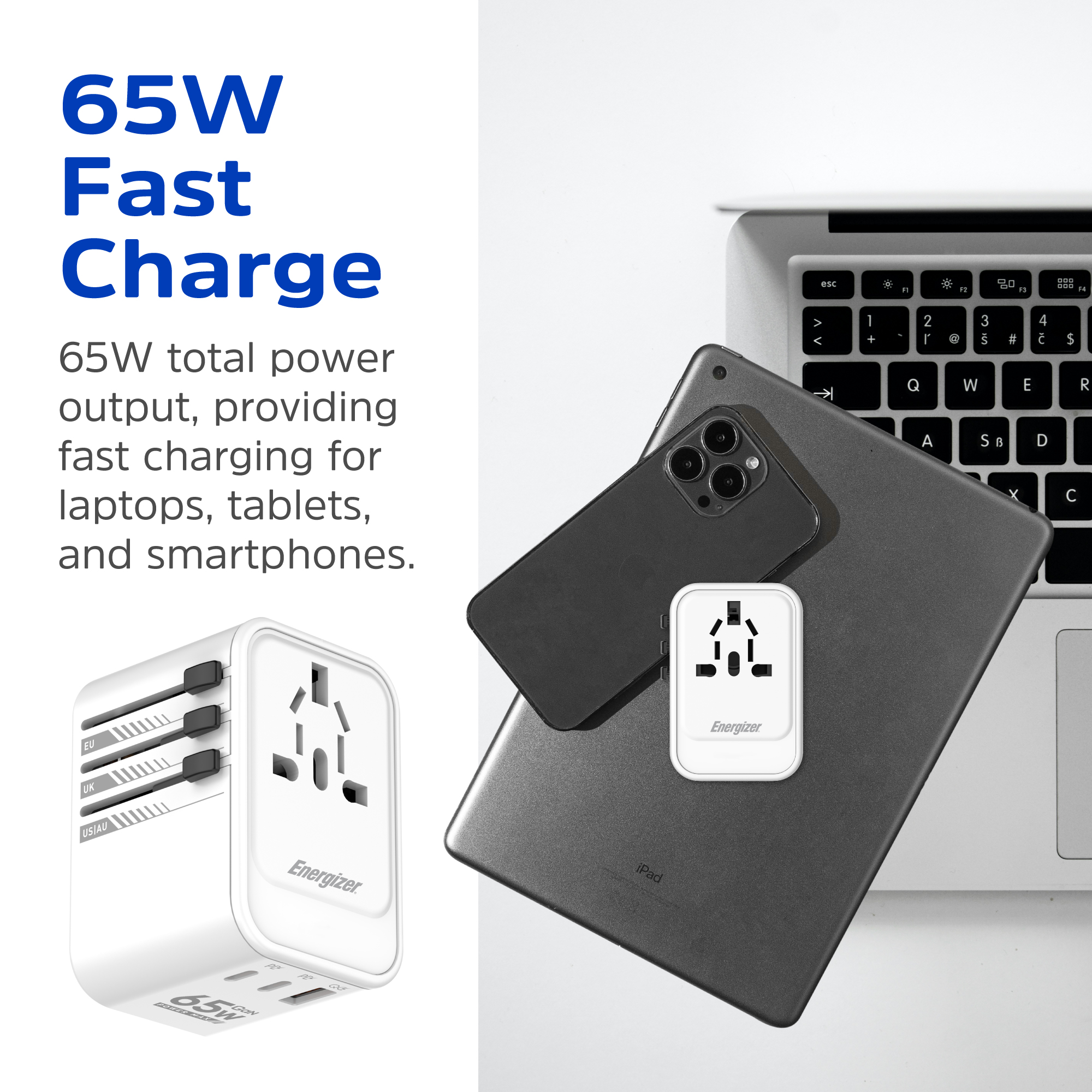 Зарядний пристрій 3xUSB 65W GaN (2хUSB-C+USB-A) PD3.0/QC3.0, universal plugs US/EU/AU/UK Energizer (ETC650) на малюнкі №5