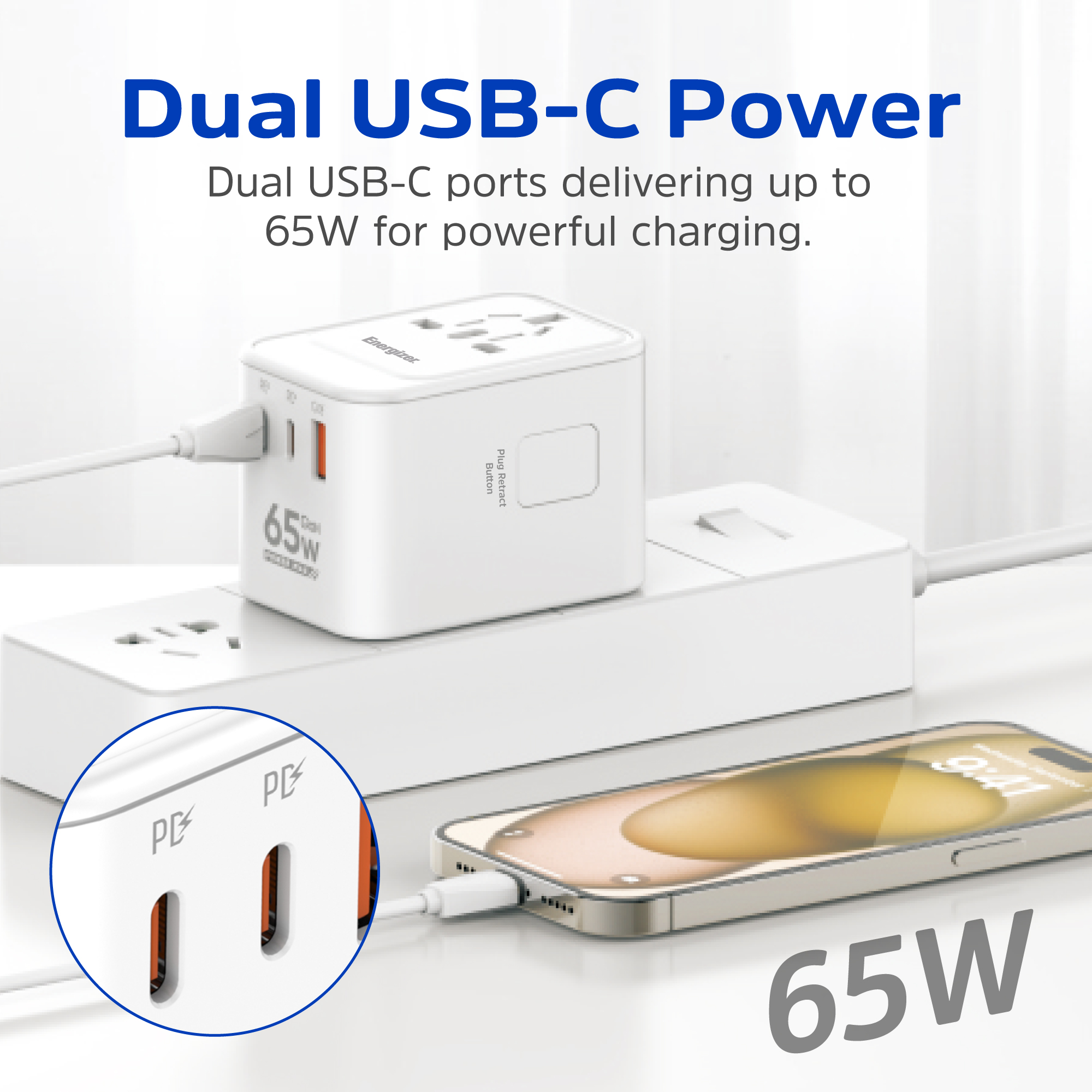 Зарядний пристрій 3xUSB 65W GaN (2хUSB-C+USB-A) PD3.0/QC3.0, universal plugs US/EU/AU/UK Energizer (ETC650) на малюнкі №6