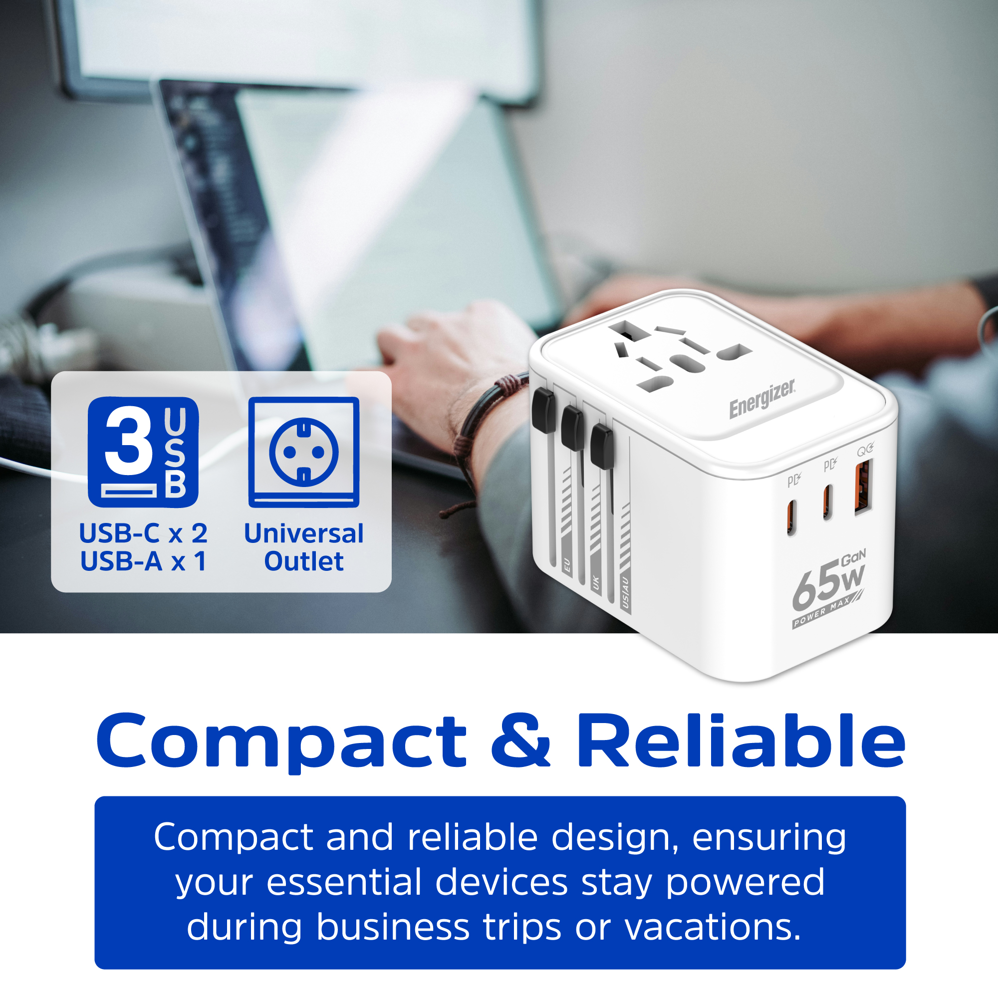 Зарядний пристрій 3xUSB 65W GaN (2хUSB-C+USB-A) PD3.0/QC3.0, universal plugs US/EU/AU/UK Energizer (ETC650) на малюнкі №9