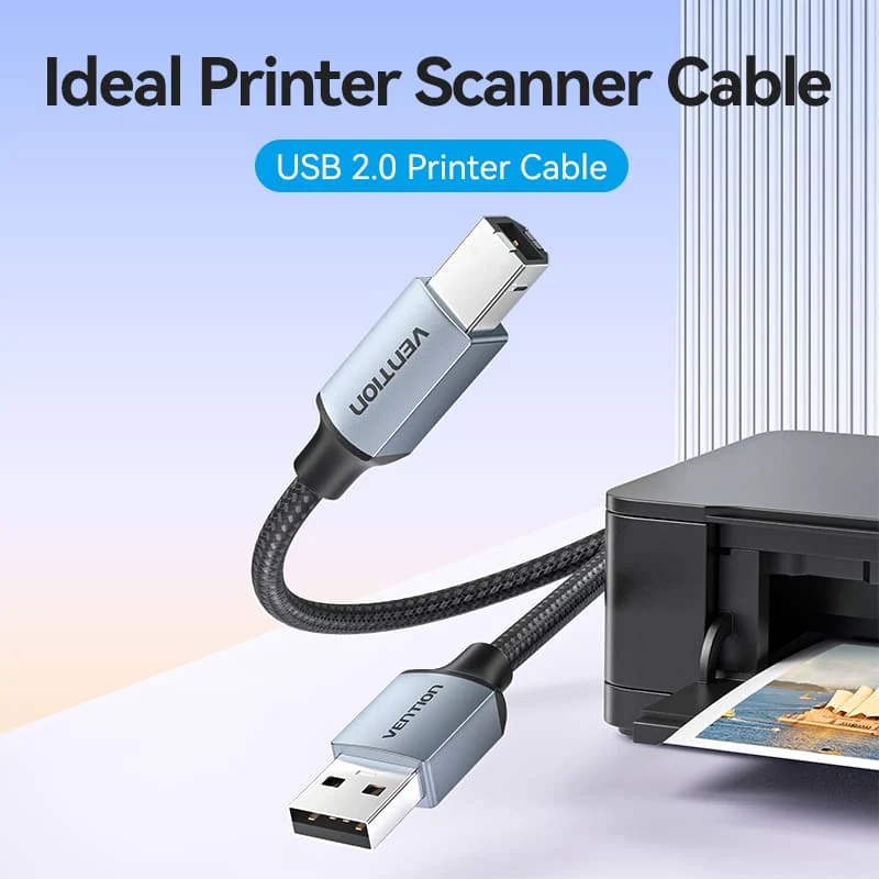 Кабель USB 2.0 AM-BM, 2.0м, 480Mbps Printer, обплетення, Aluminum Alloy, сірий Vention (CTTHH) Чорний з сірим на малюнкі №4