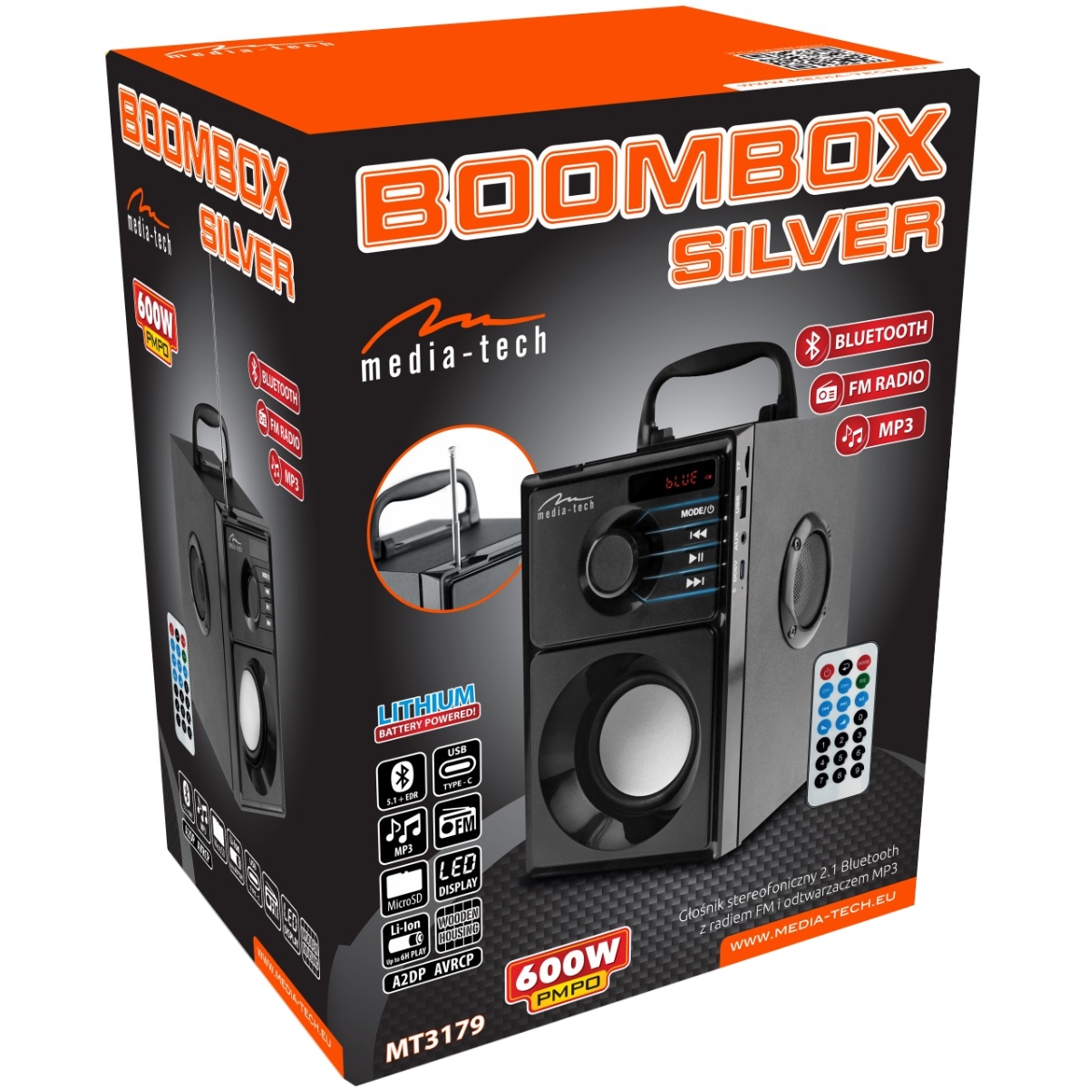 Акустична система 1.0 Media-Tech 15W, Bluetooth/FM/AUX/SD/USB/пульт/BOOMBOX, срібна мембрана, чорна (MT3179) Чорний на малюнкі №5