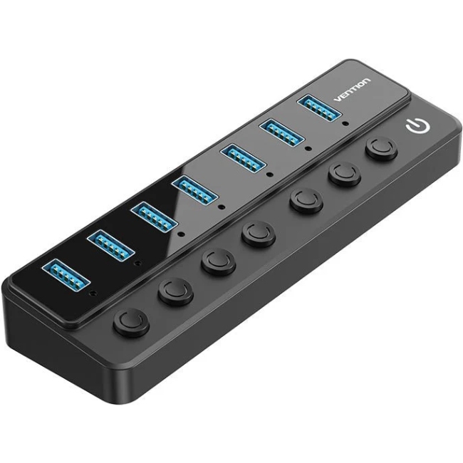 Хаб USB 3.0 - 7xUSB 3.0, з вимикачами, 1.0м, 5Gbps, активний, з адаптером 12В,чорний Vention (CHXB0-EU) на малюнкі №1