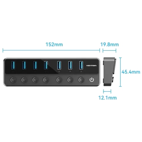 Хаб USB 3.0 - 7xUSB 3.0, з вимикачами, 1.0м, 5Gbps, активний, з адаптером 12В,чорний Vention (CHXB0-EU) на малюнкі №2