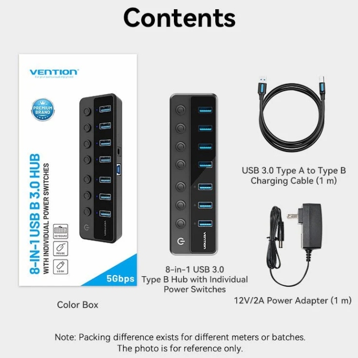 Хаб USB 3.0 - 7xUSB 3.0, з вимикачами, 1.0м, 5Gbps, активний, з адаптером 12В,чорний Vention (CHXB0-EU) на малюнкі №3