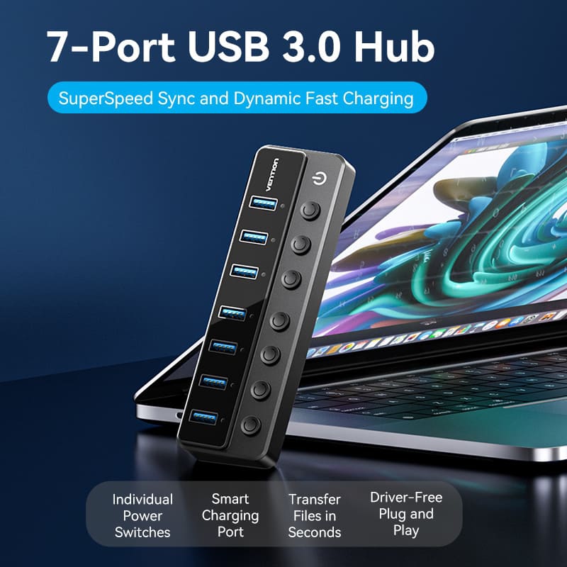 Хаб USB 3.0 - 7xUSB 3.0, з вимикачами, 1.0м, 5Gbps, активний, з адаптером 12В,чорний Vention (CHXB0-EU) на малюнкі №4