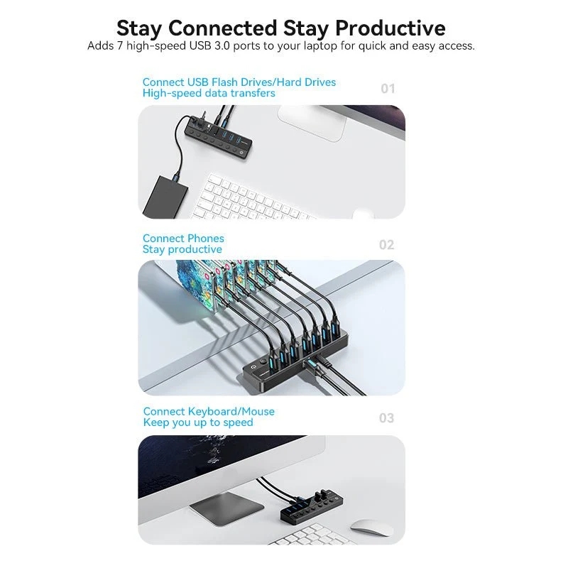 Хаб USB 3.0 - 7xUSB 3.0, з вимикачами, 1.0м, 5Gbps, активний, з адаптером 12В,чорний Vention (CHXB0-EU) на малюнкі №5
