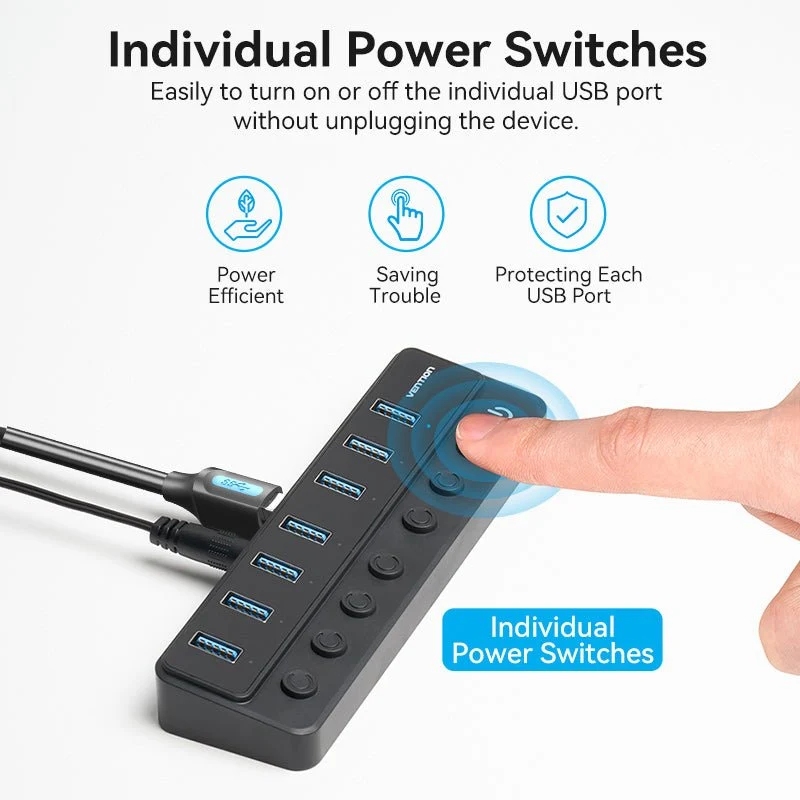 Хаб USB 3.0 - 7xUSB 3.0, з вимикачами, 1.0м, 5Gbps, активний, з адаптером 12В,чорний Vention (CHXB0-EU) на малюнкі №6