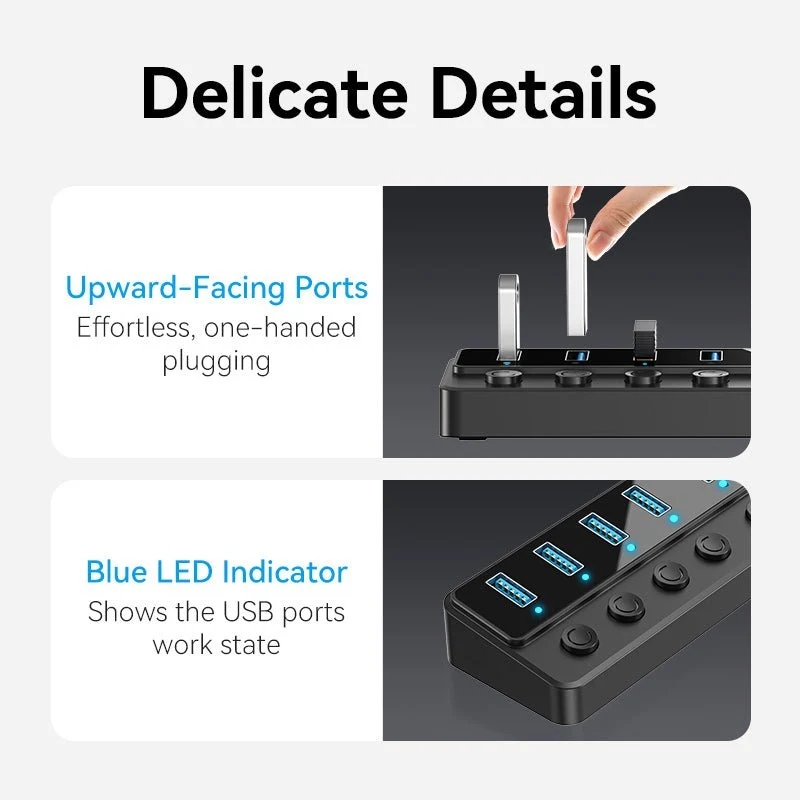 Хаб USB 3.0 - 7xUSB 3.0, з вимикачами, 1.0м, 5Gbps, активний, з адаптером 12В,чорний Vention (CHXB0-EU) на малюнкі №7