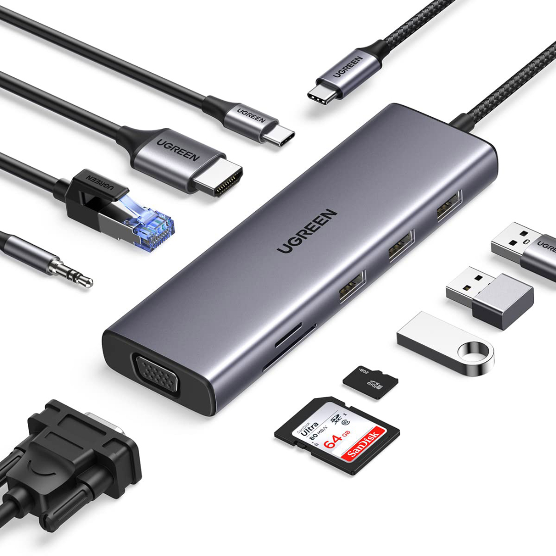 Док-станція USB3.1 Type-C -- HDMI 4K30Hz/VGA/USB 3.0х3/RJ45/SD/TF/PD/3,5мм TRRS 100W 10-in-1 CM498 (15601) на малюнкі №2
