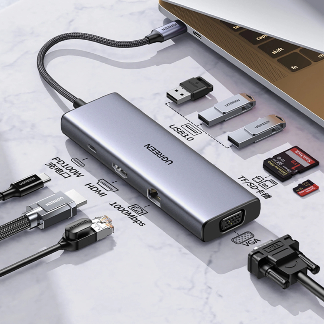 Док-станція USB3.1 Type-C -- HDMI 4K30Hz/VGA/USB 3.0х3/RJ45/SD/TF/PD/3,5мм TRRS 100W 10-in-1 CM498 (15601) на малюнкі №3