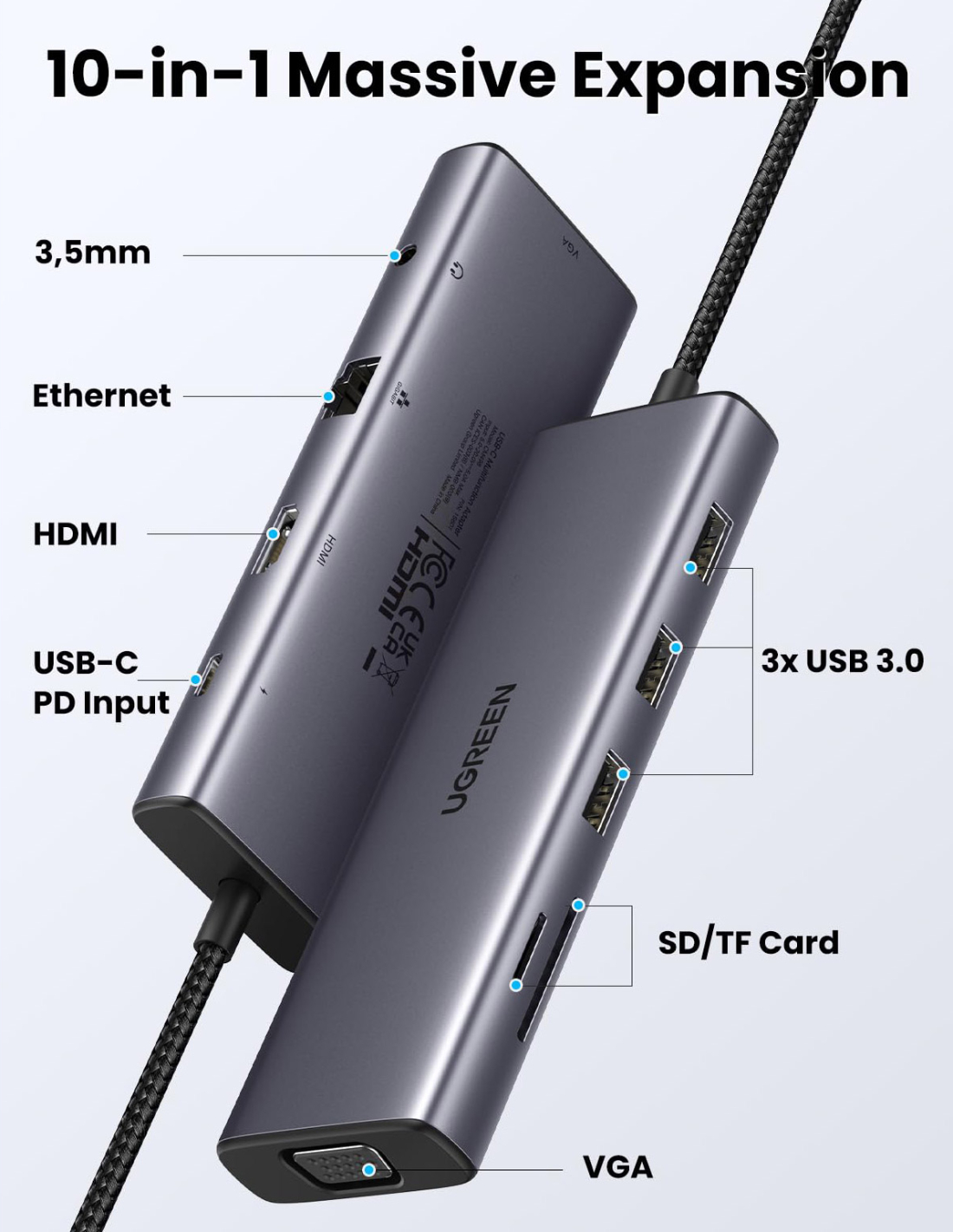 Док-станція USB3.1 Type-C -- HDMI 4K30Hz/VGA/USB 3.0х3/RJ45/SD/TF/PD/3,5мм TRRS 100W 10-in-1 CM498 (15601) на малюнкі №4