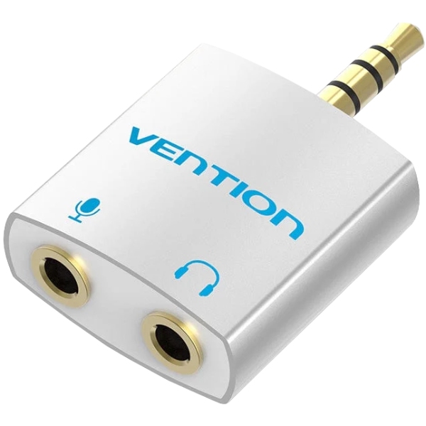 Перехідник аудіо Jack 3.5mm TRRS M - 2x3.5мм F(мікрофон + навушники), Aluminum, срібний, Vention (BDBW0) Білий на малюнкі №1