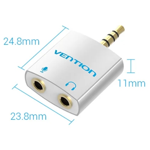 Перехідник аудіо Jack 3.5mm TRRS M - 2x3.5мм F(мікрофон + навушники), Aluminum, срібний, Vention (BDBW0) Білий на малюнкі №2