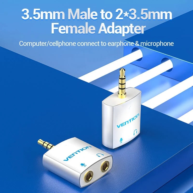 Перехідник аудіо Jack 3.5mm TRRS M - 2x3.5мм F(мікрофон + навушники), Aluminum, срібний, Vention (BDBW0) Білий на малюнкі №3