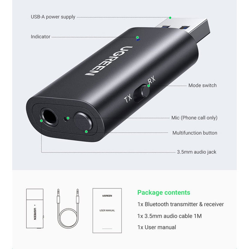 Приймач/транслятор UGREEN USB 2.0 to 3.5mm Bluetooth Adapter with Audio Cable CM523 (60300) на малюнкі №3