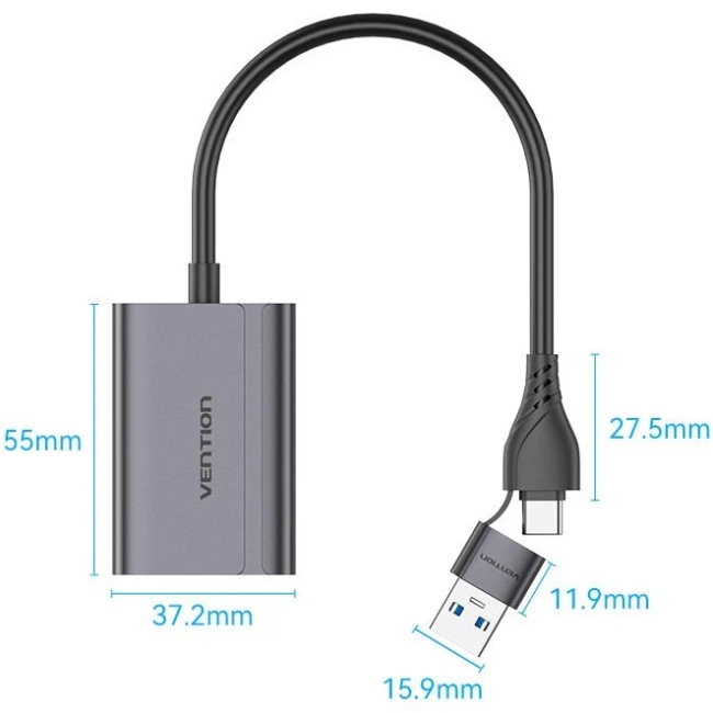 Перехідник HDMI F - USB-C/USB-A M 0.15м Aluminium Alloy, сірий Vention (ACYHB) на малюнкі №2