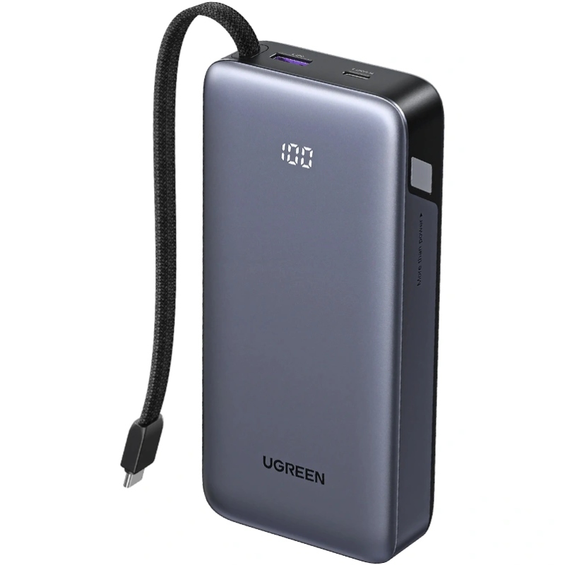 УМБ Ugreen 25000mAh 45W PD/QC, USB-A,USB-С IN/OUT, with built in USB-C cable (PB536) Gray (55988B) на малюнкі №1