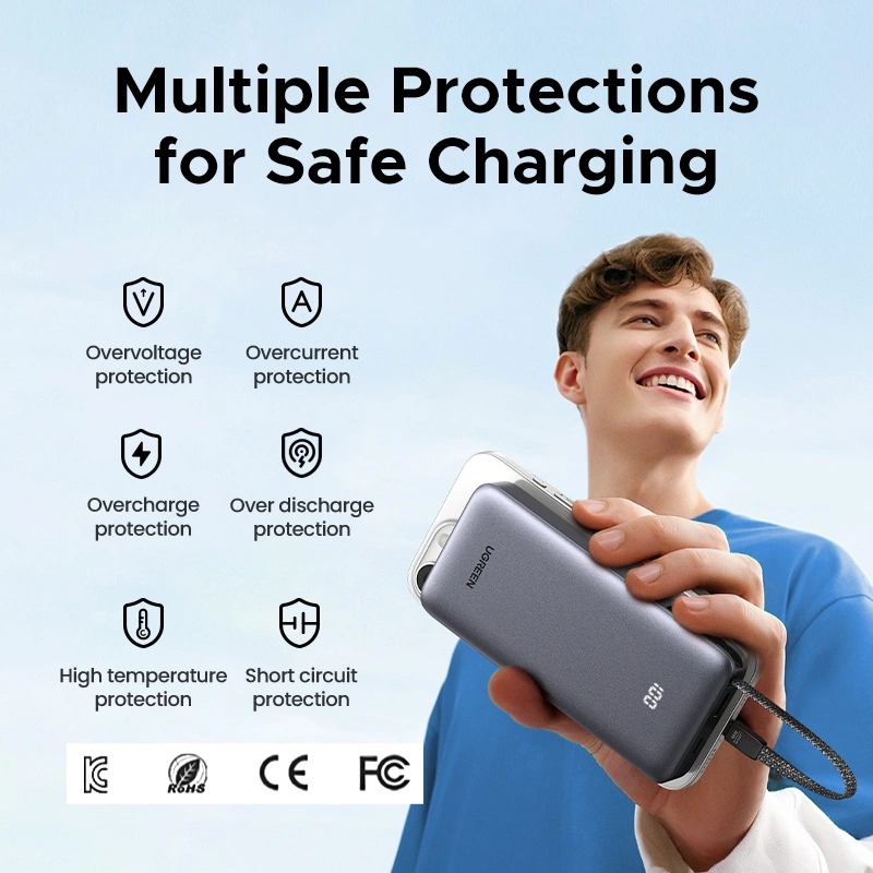 УМБ Ugreen 25000mAh 45W PD/QC, USB-A,USB-С IN/OUT, with built in USB-C cable (PB536) Gray (55988B) на малюнкі №3