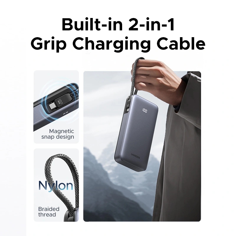 УМБ Ugreen 25000mAh 45W PD/QC, USB-A,USB-С IN/OUT, with built in USB-C cable (PB536) Gray (55988B) на малюнкі №6