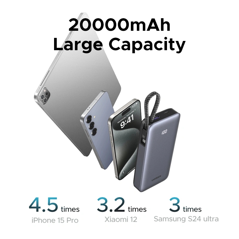УМБ Ugreen 25000mAh 45W PD/QC, USB-A,USB-С IN/OUT, with built in USB-C cable (PB536) Gray (55988B) на малюнкі №8